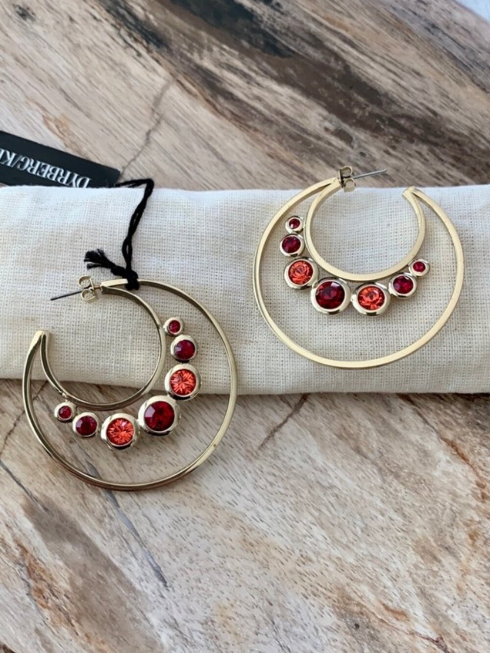 Gold-Tone Hoop Earrings with Red Crystal Accents